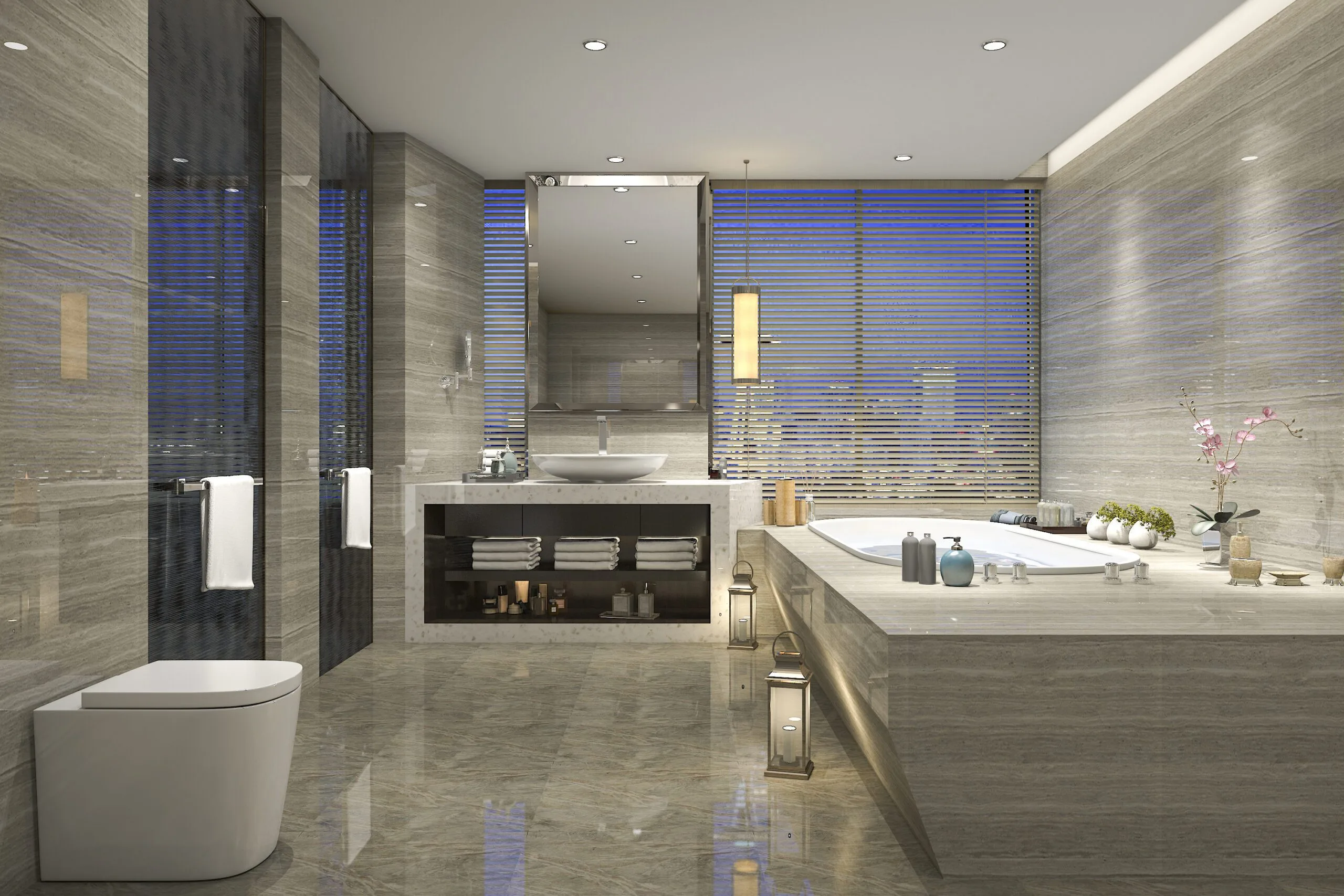 3d,Rendering,Modern,Classic,Bathroom,With,Luxury,Tile,Decor,With Modern high rise bathroom